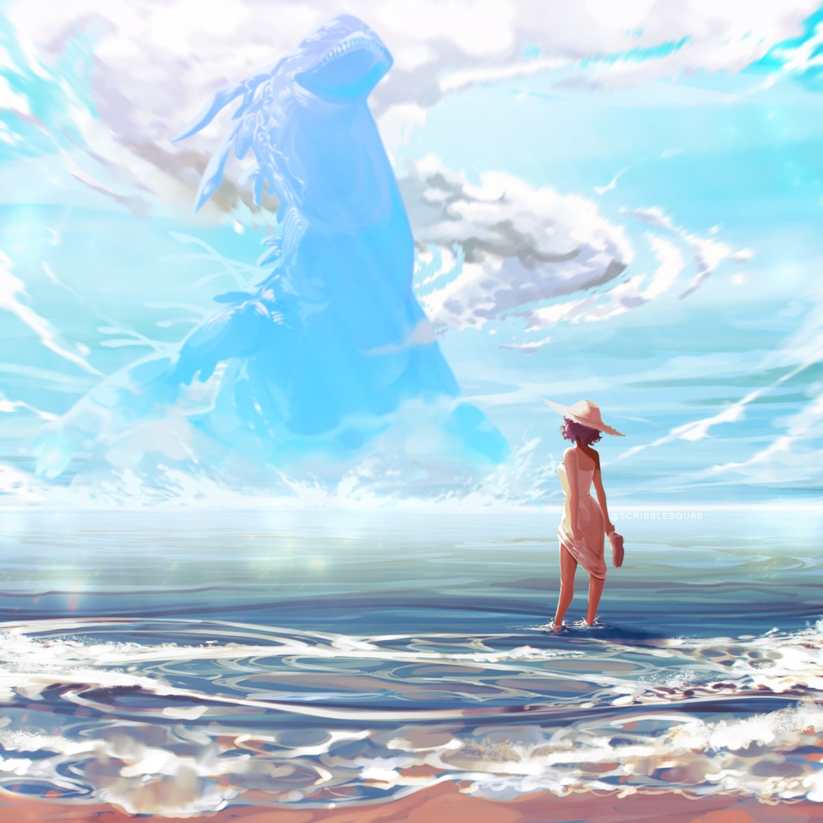 1girl, bare_legs, beach, blue_sky, breasts, coming_out, creature, day