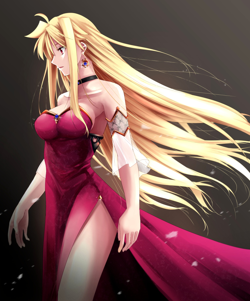1girl, bare_shoulders, black_choker, blonde_hair, blush, breasts, choker, collarbone, dress, earrings, eyebrows_visible_through_hair, fate_testarossa, highres, jewelry, large_breasts, long_hair, lyrical_nanoha, mahou_shoujo_lyrical_nanoha_strikers, open_mouth, red_dress, red_eyes, shiny, shiny_hair, simple_background, solo, sougetsu_izuki, standing