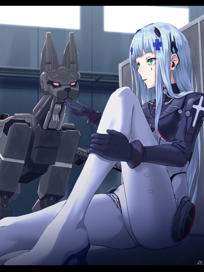1girl, bangs, black_gloves, blue_hair, bodysuit, boots, breasts, eyebrows_visible_through_hair