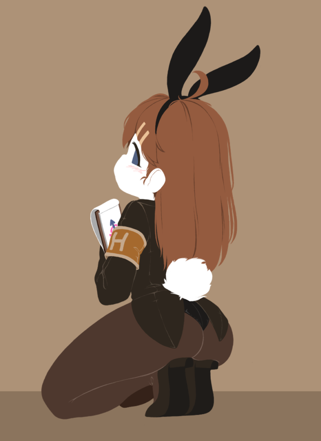 animal_ears, armband, ass, ass_focus, black_footwear, black_shirt, blue_eyes, blush, brown_hair, fake_animal_ears, fake_tail, feet_together, from_behind, high_heels, hod_(project_moon), lobotomy_corporation, long_hair, long_sleeves, looking_at_viewer, mars_symbol, notepad, pantyhose, playboy_bunny, project_moon, rabbit_ears, rabbit_tail, shirt, simple_background, skindentation, suragugu, tail, venus_symbol