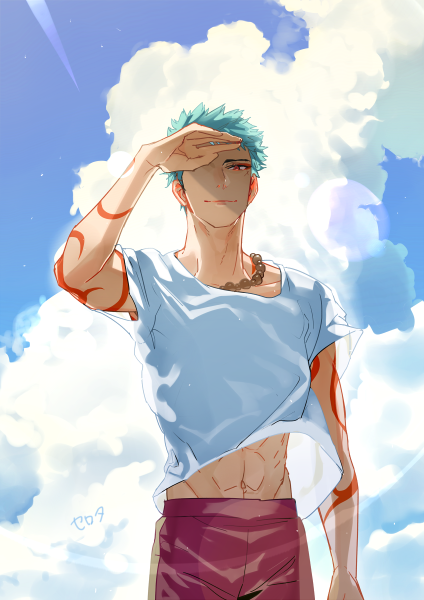 1boy, abs, arm_at_side, bangs, blue_hair, blue_sky, casual, closed_mouth