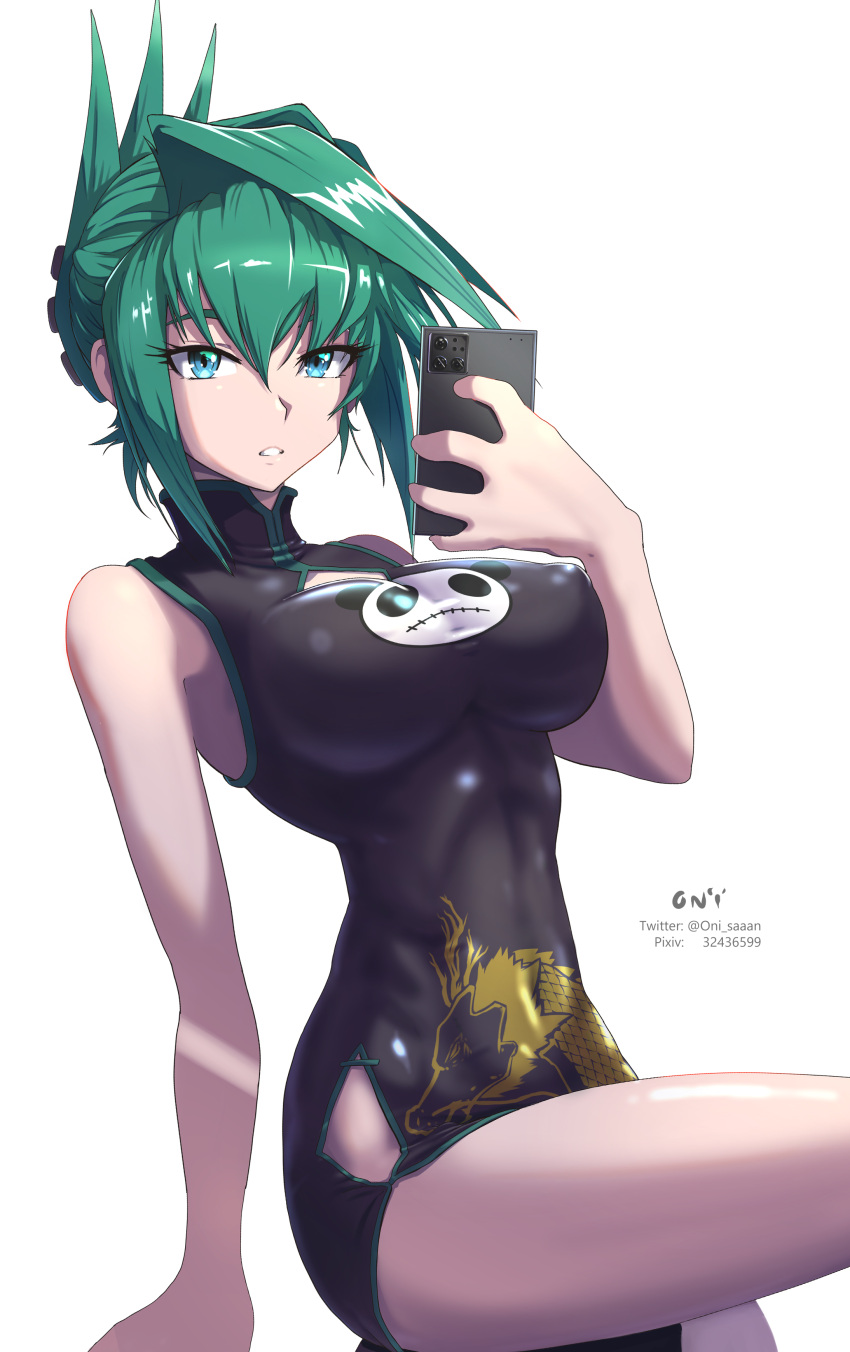 1girl, absurdres, bangs, bare_shoulders, black_dress, breasts, china_dress, chinese_clothes