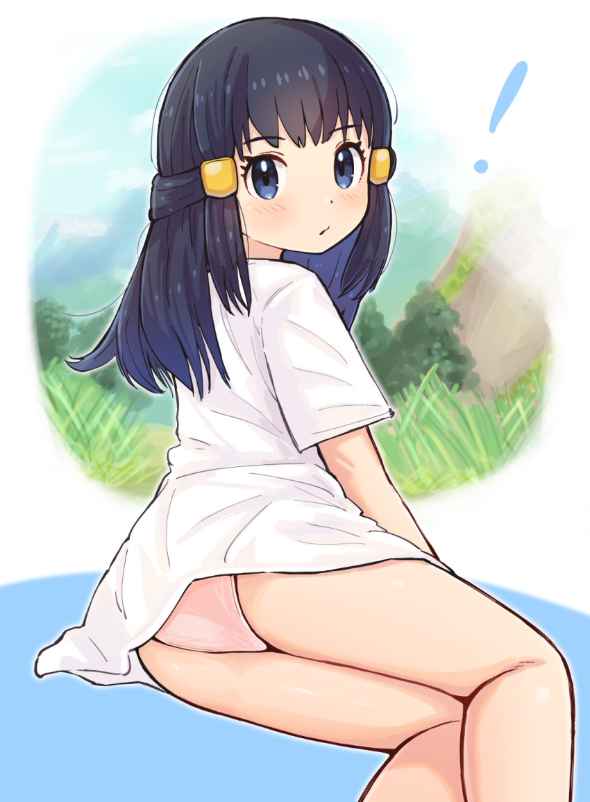 !, 1girl, akari_(pokemon), bangs, black_hair, blush, closed_mouth, commentary_request, eyelashes, from_behind, grey_eyes, hair_ornament, hairclip, highres, kutabireta_neko, leaning, long_hair, long_shirt, looking_back, panties, pink_panties, pokemon, pokemon_(game), pokemon_legends:_arceus, shirt, sidelocks, solo, underwear, white_shirt