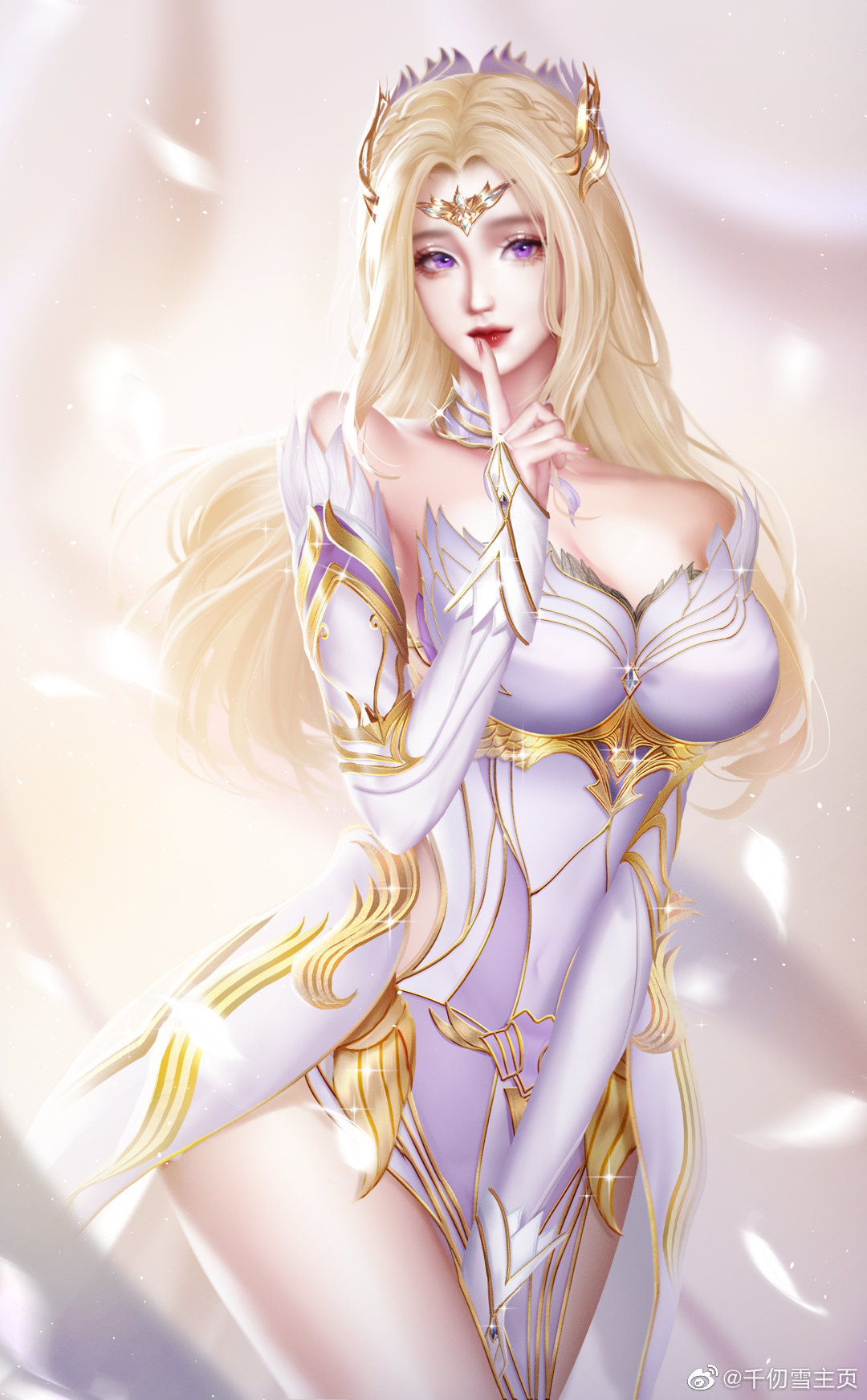 1girl, armor, armored_dress, bare_shoulders, blonde_hair, blue_eyes, douluo_dalu, expressionless