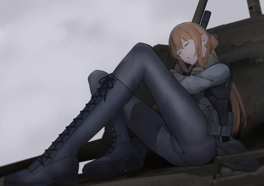1girl, absurdres, bangs, battle_rifle, black_footwear, black_pants, boots, closed_eyes