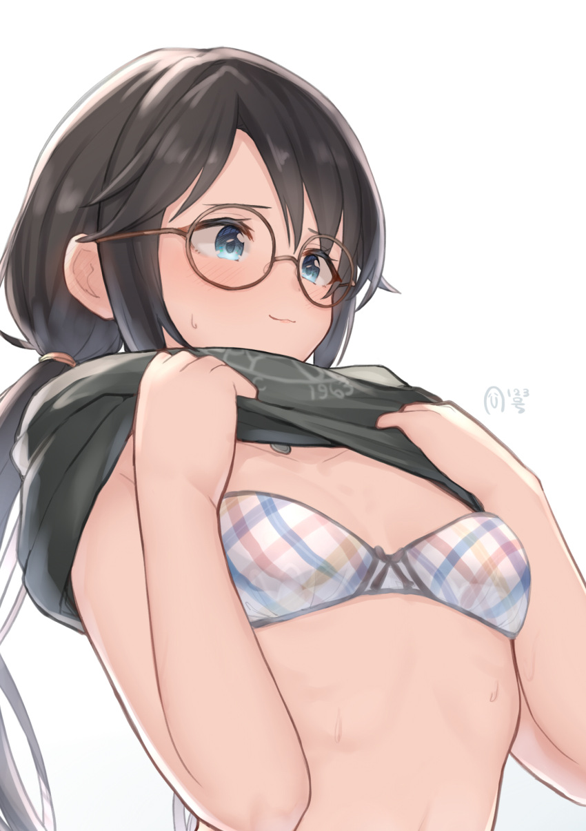 1girl, aqua_eyes, black_hair, black_shirt, blush, bra, breasts, brown-framed_eyewear