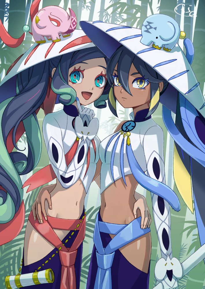 2girls, bamboo, bamboo_forest, blue_hair, dark-skinned_female, dark_skin, fate/grand_order, fate_(series), forest, green_eyes, green_hair, hand_around_waist, ichimegasa, kuurakuura, long_hair, midriff, multiple_girls, nature, navel, ponytail, siblings, signature, single_sleeve, sisters, trung_nhi_(fate), trung_trac_(fate), yellow_eyes