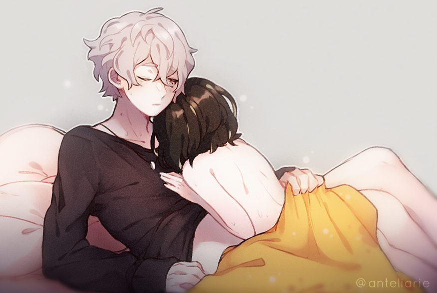 1boy, 1girl, black_hair, black_shirt, blanket, couple, english_commentary, grey_background, grey_hair, hetero, jewelry, lying, lying_on_person, necklace, nihellie, nude, on_back, one_eye_closed, original, shirt, short_hair, sweat, twitter_username