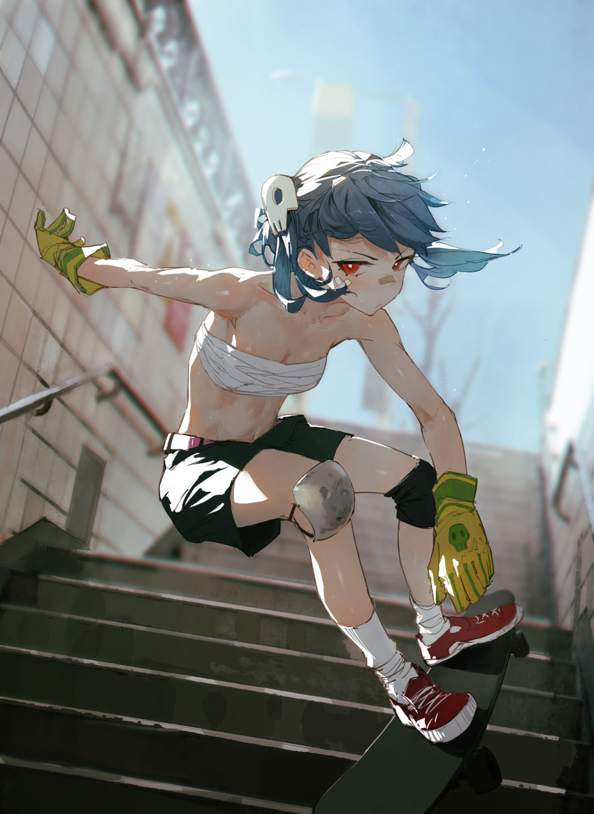 1girl, bandaid, bandaid_on_face, bandaid_on_nose, bare_shoulders, blue_hair, borrowed_character, breasts