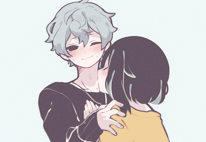1boy, 1girl, black_hair, black_sweater, blush, closed_eyes, couple, grey_hair, hetero, jewelry, kiss, kissing_neck, necklace, nihellie, nose_blush, one_eye_closed, original, shirt, short_hair, simple_background, sweat, sweater, symbol-only_commentary, twitter_username, upper_body, yellow_shirt