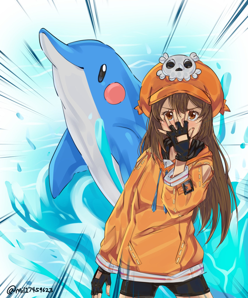 1girl, 1other, absurdres, animal, bike_shorts, black_gloves, black_shorts, covering_mouth, dolphin, emphasis_lines, facing_viewer, fingerless_gloves, flat_chest, gloves, guilty_gear, guilty_gear_strive, hat, highres, hood, hood_down, hoodie, jojo_no_kimyou_na_bouken, jojo_pose, long_hair, looking_at_viewer, may_(guilty_gear), mil17459623, orange_headwear, orange_hoodie, parody, pirate_hat, pose, shorts, skull_and_crossbones, solo_focus, water