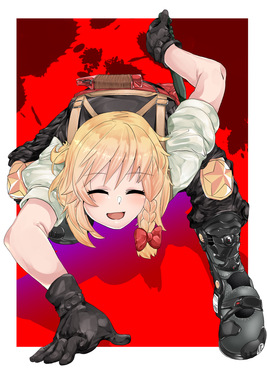 1girl, bangs, black_footwear, black_gloves, blonde_hair, blood, blood_splatter, blush