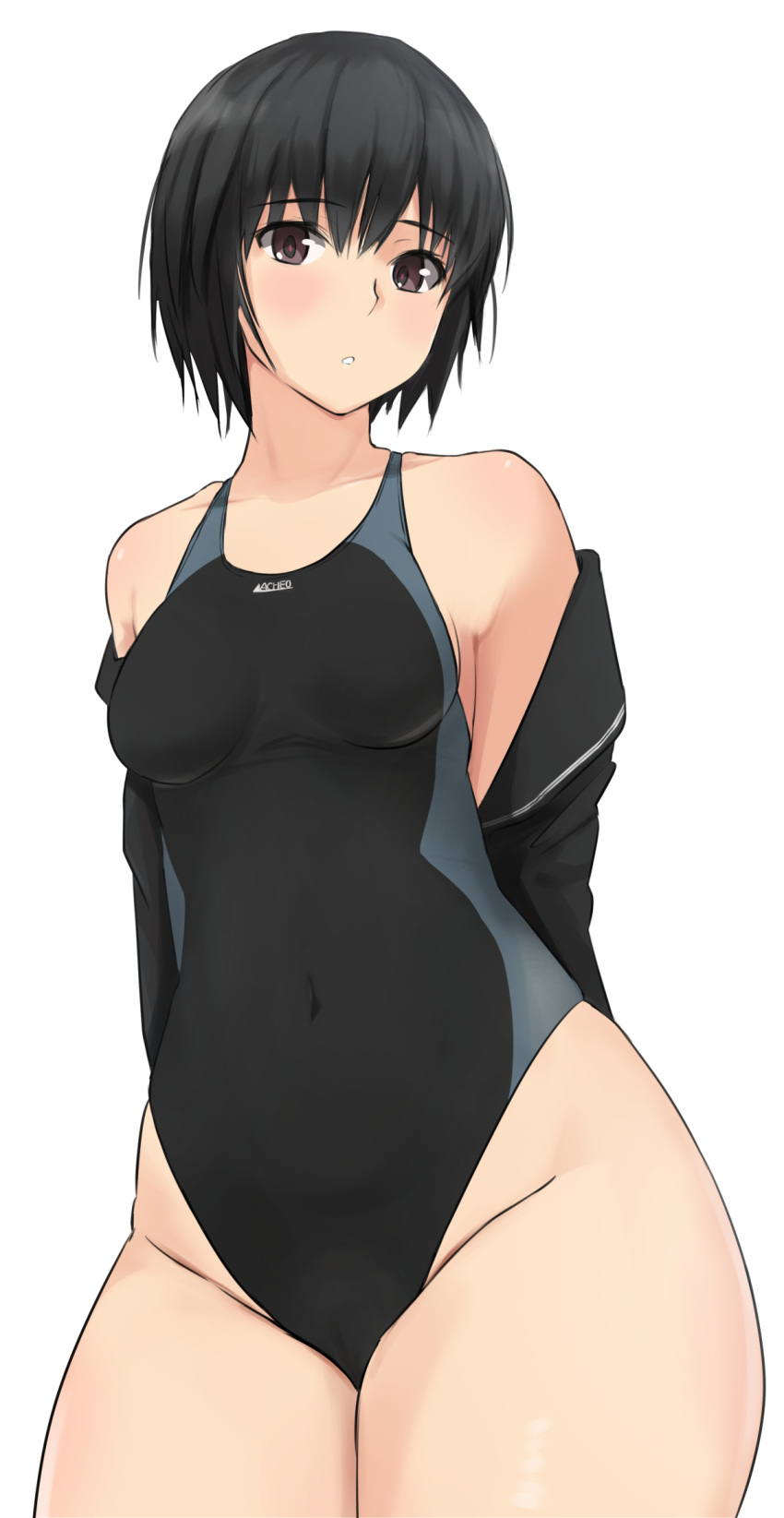 1girl, amagami, bangs, bare_shoulders, black_cardigan, black_hair, black_sailor_collar, black_swimsuit