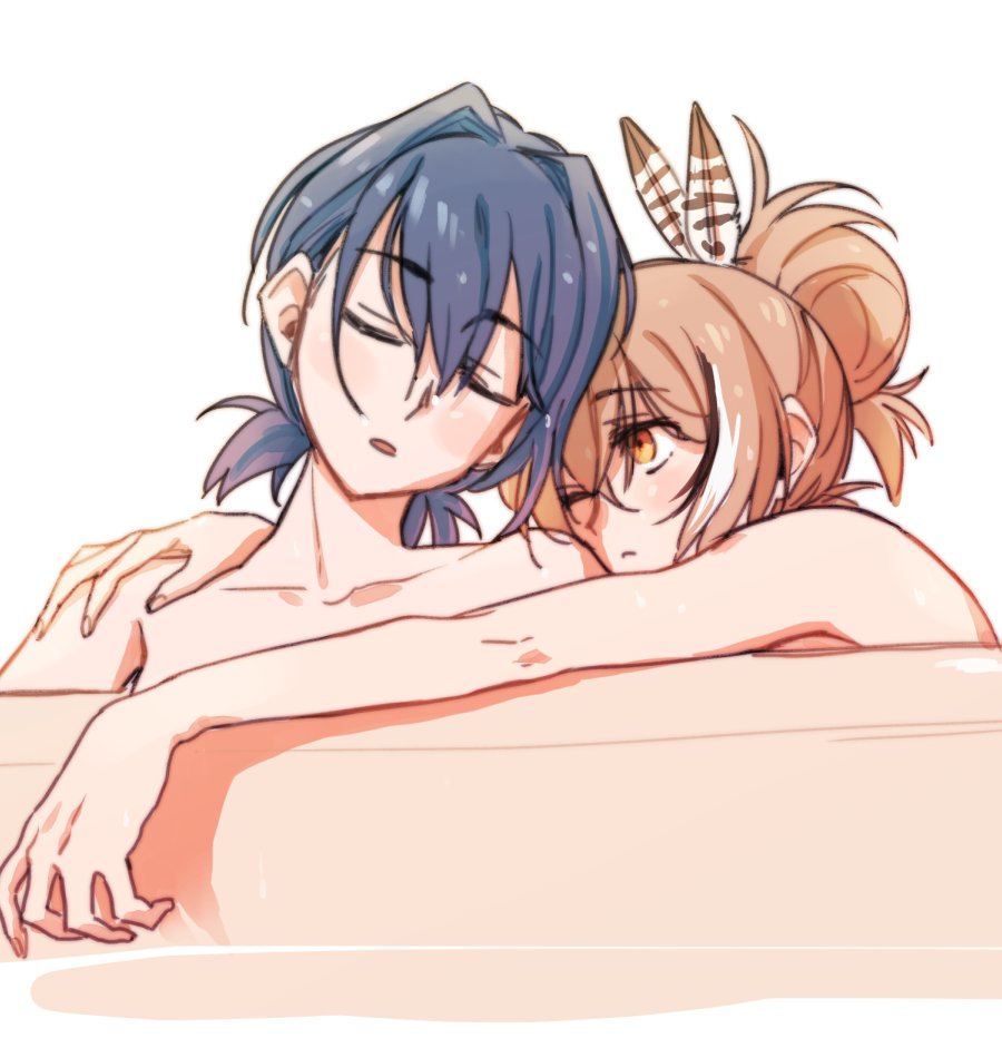 2girls, bangs, bathing, bathtub, blue_hair, brmameng, brown_eyes, brown_hair