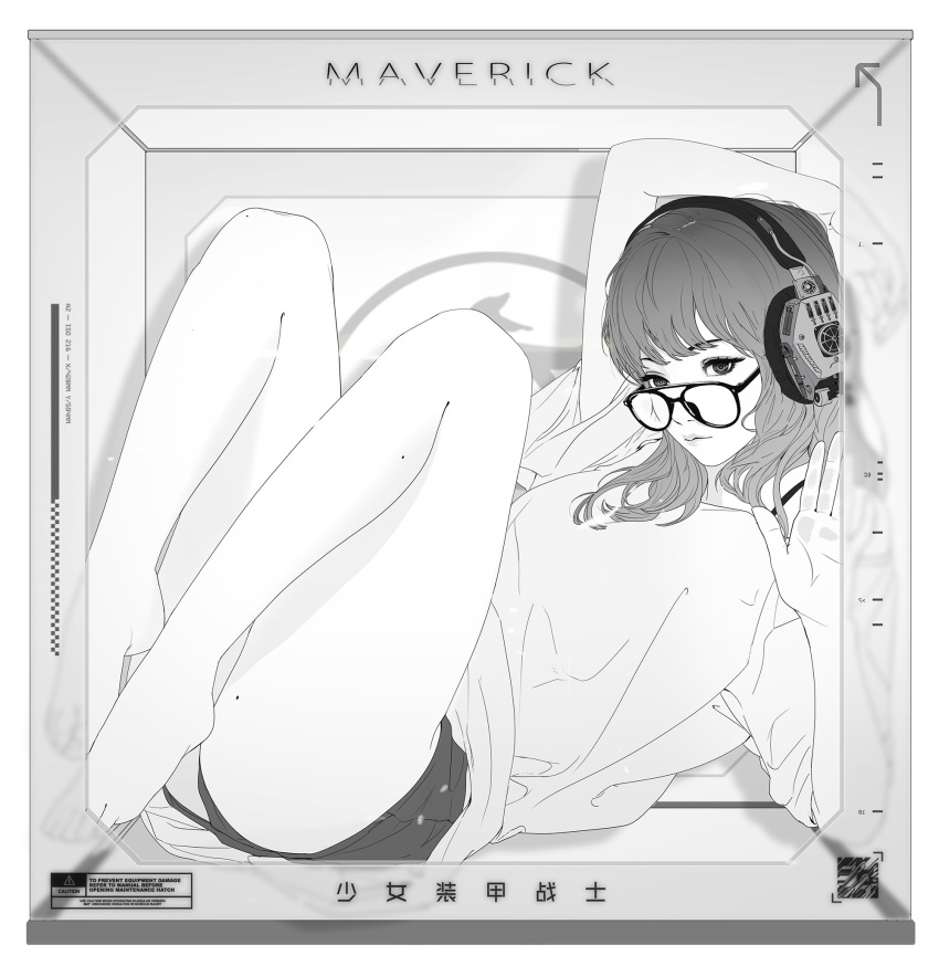 1girl, bangs, barefoot, glasses, greyscale, headphones, highres, long_hair