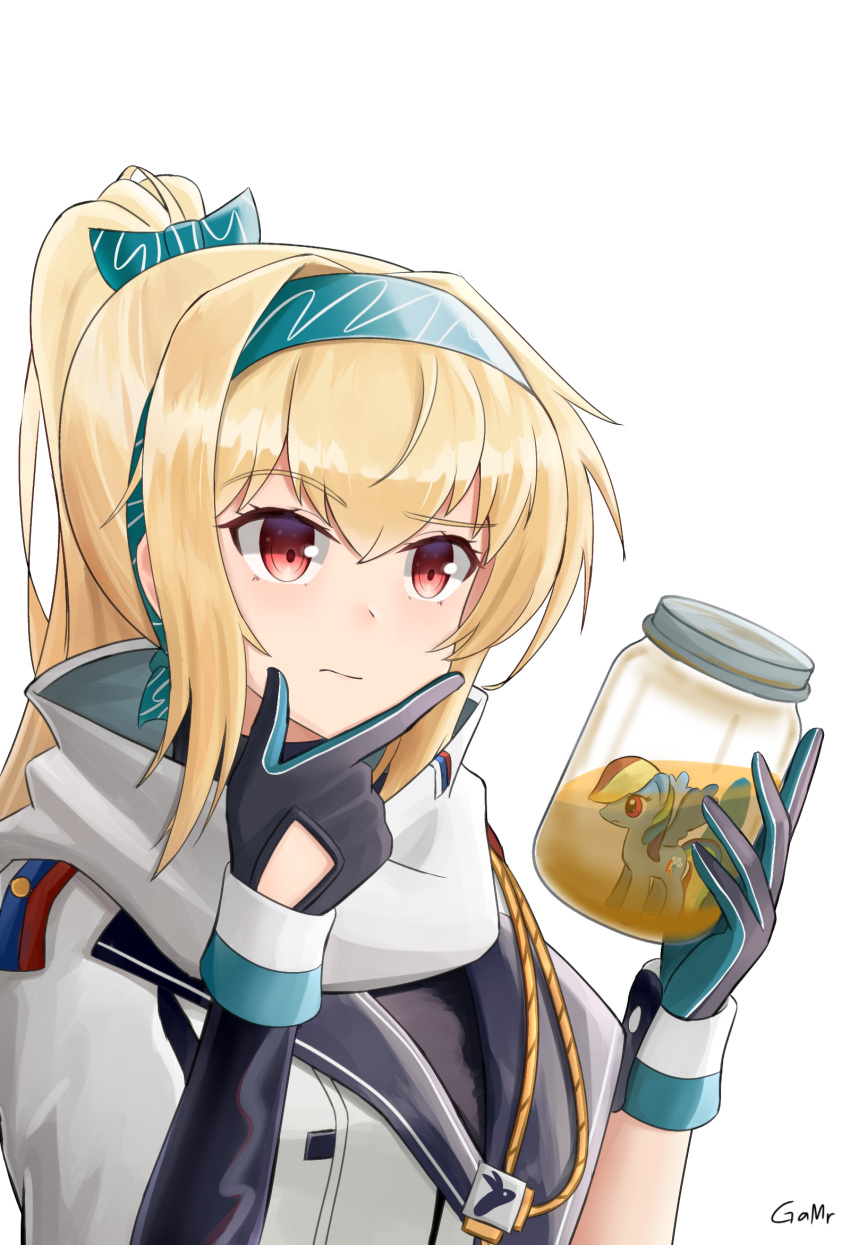 1girl, artist_name, bangs, black_gloves, blonde_hair, closed_mouth, collapse_fluid_(girls'_frontline), cumjar_(meme)