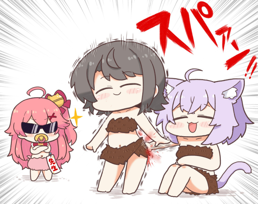3girls, :3, ahoge, animal_ears, ark_survival_evolved, ass_smack, bandeau, bell