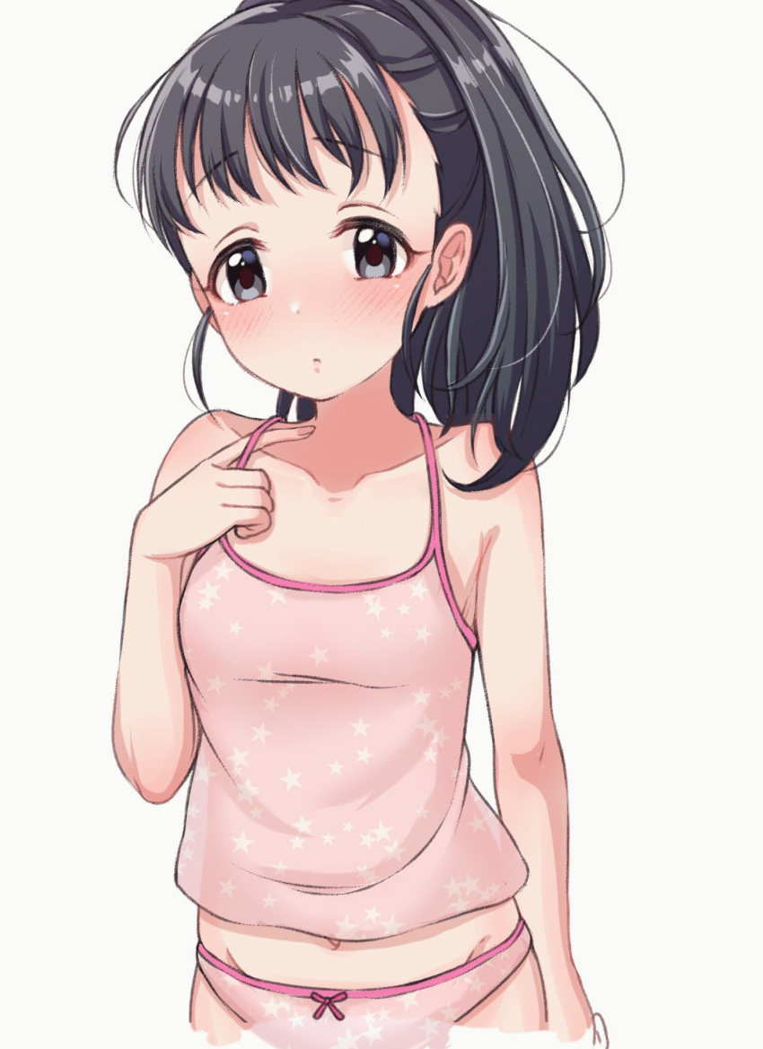 1girl, :o, black_hair, blush, camisole, collarbone, fukuyama_mai, groin