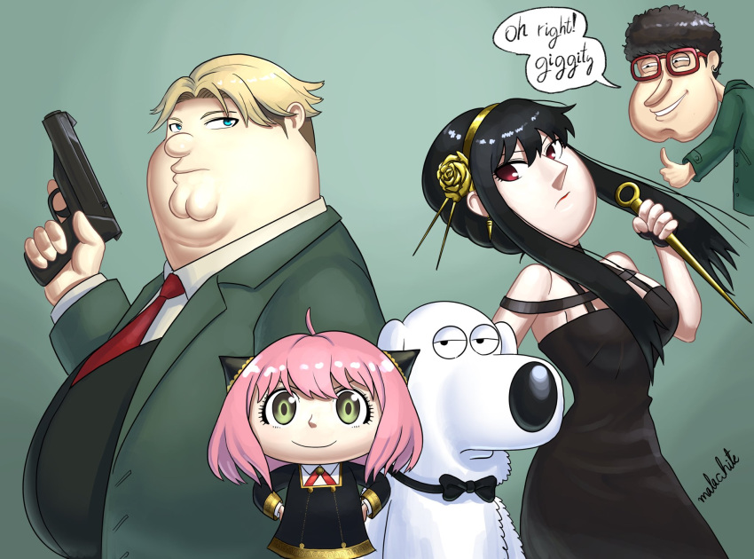 1girl, 3boys, anya_(spy_x_family), black_dress, black_hair, blonde_hair, bond_(spy_x_family), breasts