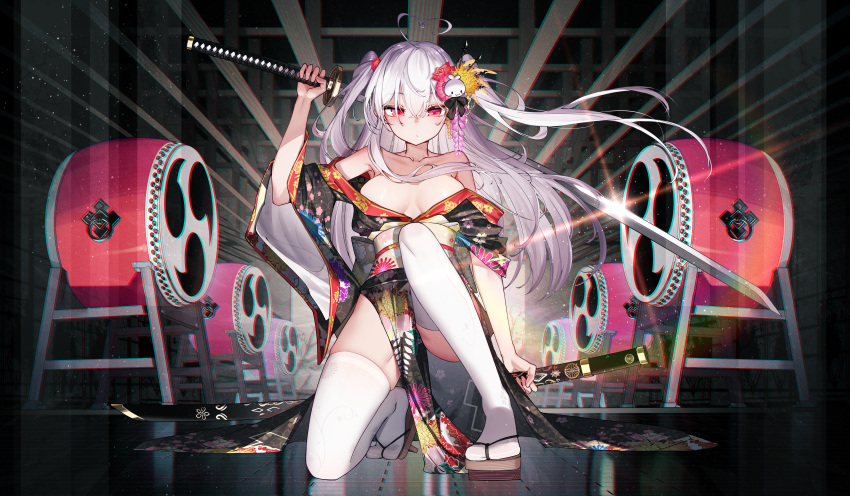 absurdres, ahoge, armpit_peek, bangs, bare_shoulders, breasts, breasts_apart, cherry_blossom_print