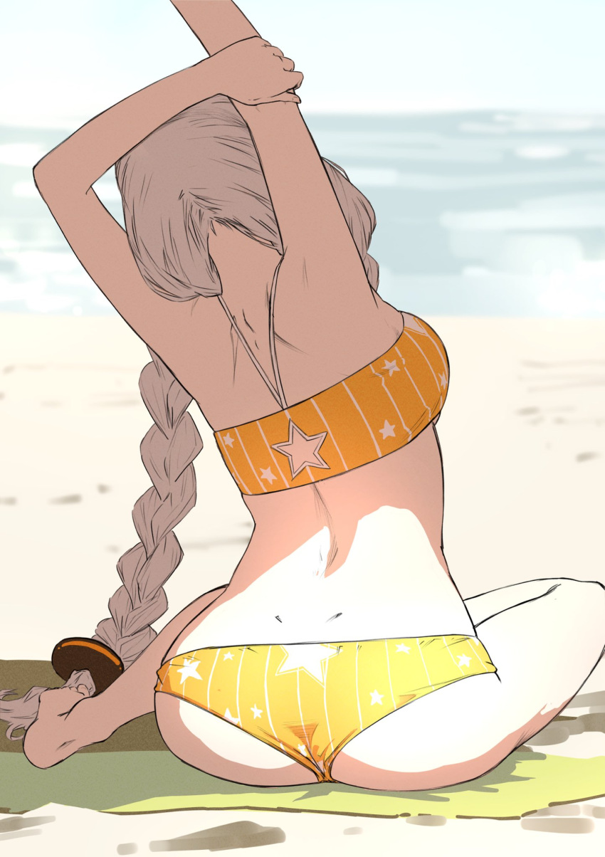 1girl, arm_up, ass, back, barefoot, beach, bikini, blurry