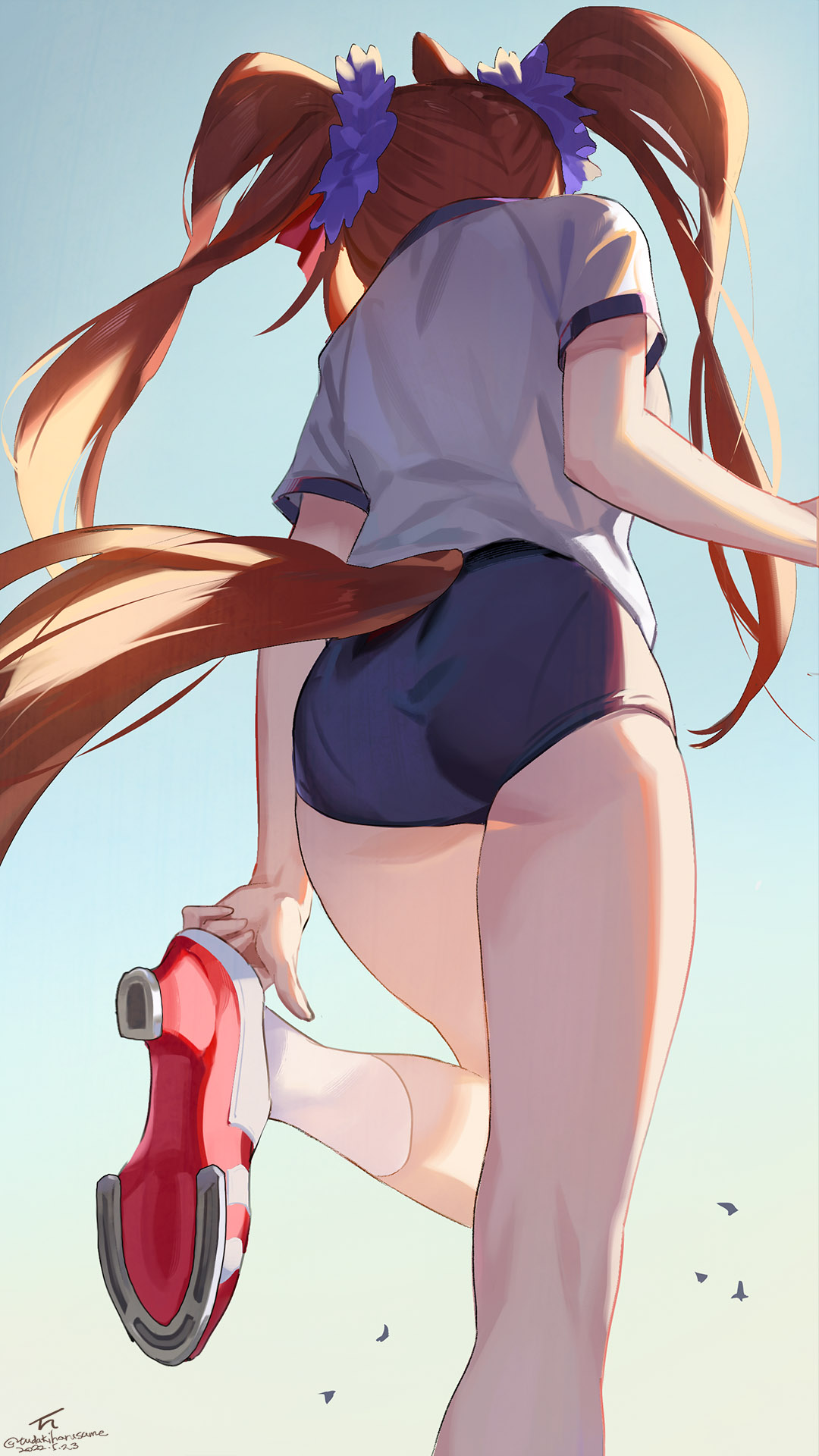 1girl, adjusting_clothes, adjusting_shoe, animal_ears, ass, black_buruma, blue_sky, brown_hair