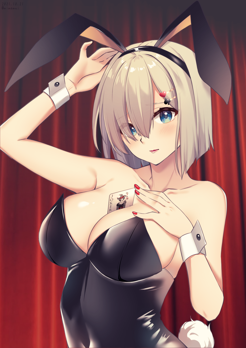 1girl, alternate_costume, animal_ears, bangs, between_breasts, black_legwear, black_leotard, blue_eyes