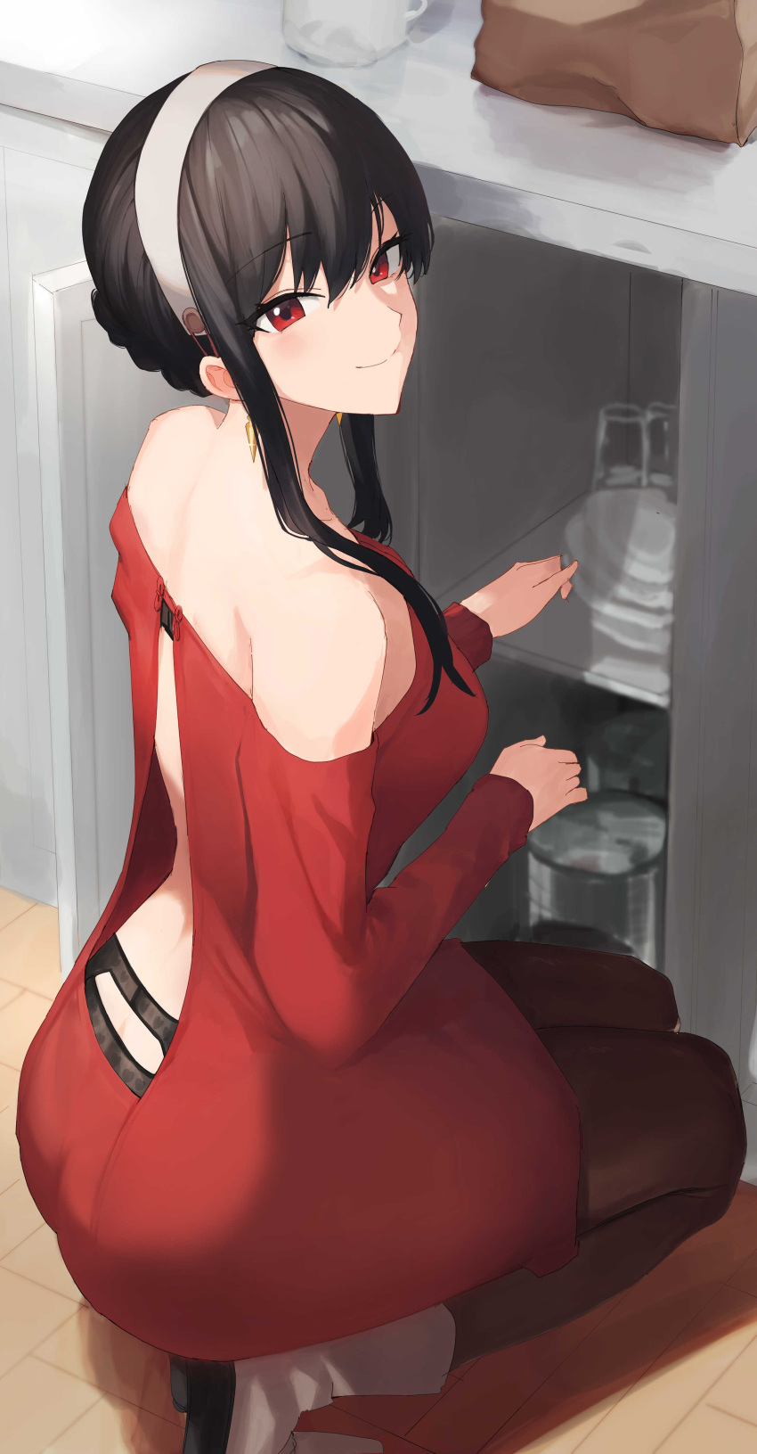 1girl, absurdres, ass, back_cutout, bare_shoulders, black_hair, bra, bra_peek, breasts, brown_legwear, closed_mouth, clothing_cutout, hairband, highres, kneeling, long_hair, looking_at_viewer, off-shoulder_sweater, off_shoulder, panties, panty_peek, pantyhose, red_eyes, red_sweater, rororo, sidelocks, smile, solo, spy_x_family, squatting, sweater, tiptoes, underwear, white_hairband, yor_briar