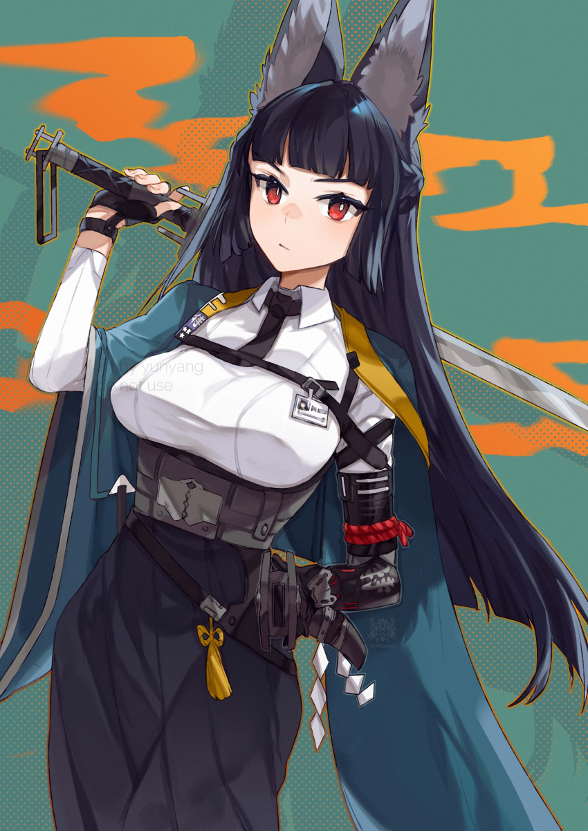 1girl, absurdres, animal_ear_fluff, animal_ears, bangs, black_gloves, black_hair, black_necktie