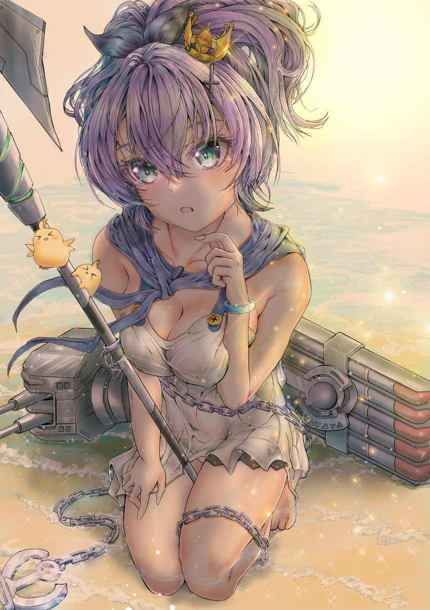 1girl, absurdres, azur_lane, barefoot, beach, bracelet, breasts, commander_kei, crown, full_body, highres, javelin_(azur_lane), jewelry, manjuu_(azur_lane), mini_crown, polearm, purple_hair, rigging, shallow_water, spear, water, weapon