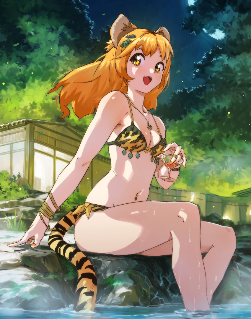 1girl, absurdres, animal_ears, animal_print, bangle, bangs, bikini, bracelet, breasts, building, chinese_zodiac, cocktail_glass, cup, drinking_glass, fang, hair_ornament, highres, holding, holding_cup, jewelry, letro, long_hair, medium_breasts, moon, multicolored_hair, nail_polish, necklace, night, open_mouth, orange_hair, orange_nails, original, outdoors, rock, sitting, sky, soaking_feet, solo, swimsuit, tail, tiger_ears, tiger_girl, tiger_print, tiger_tail, tree, water, wet, year_of_the_tiger, yellow_eyes