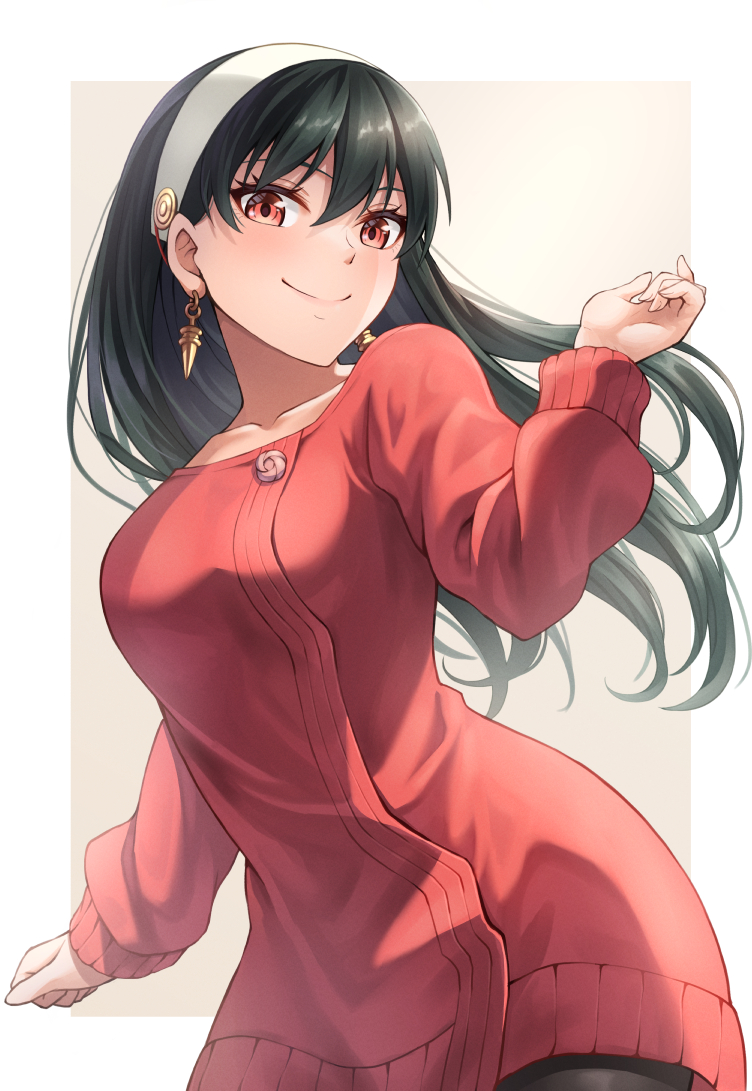 1girl, black_hair, black_legwear, border, breasts, brown_background, closed_mouth, collarbone