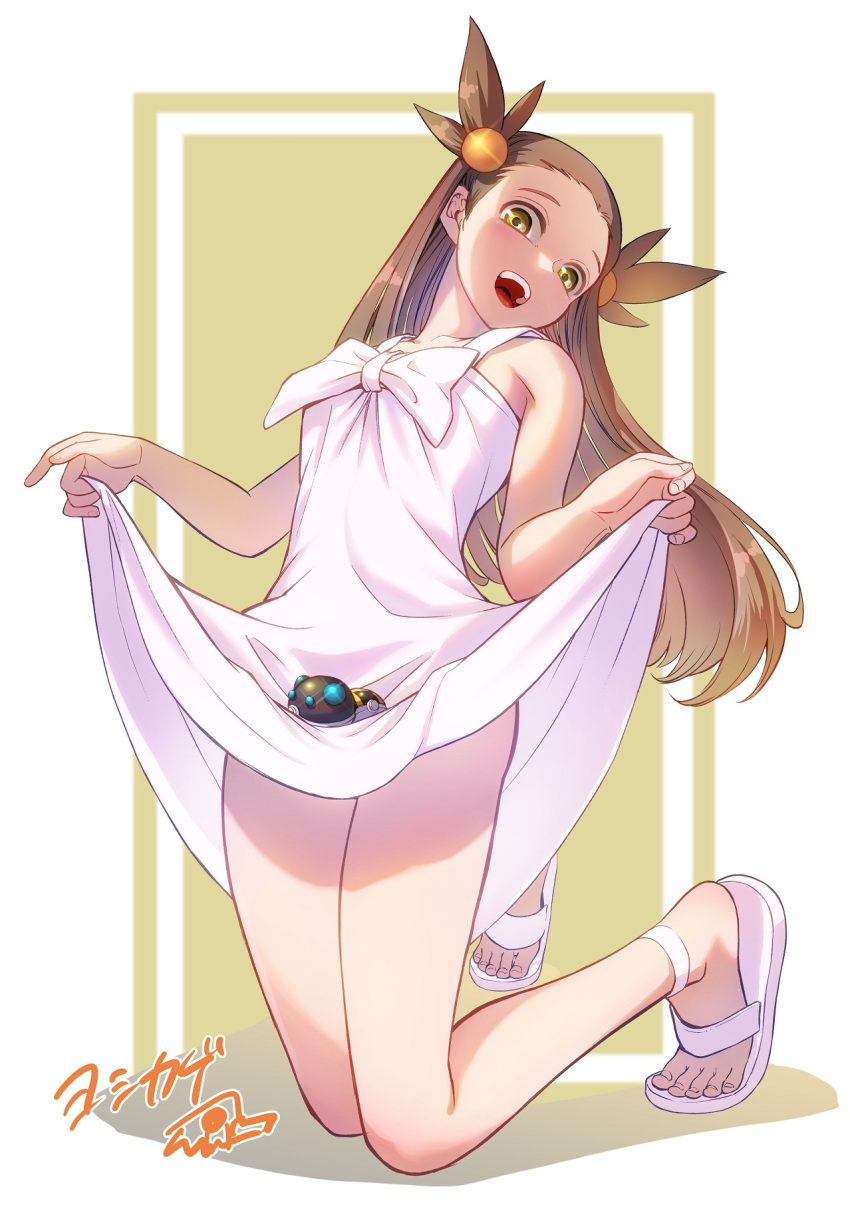 1girl, bare_arms, bow, brown_hair, clothes_lift, commentary_request, dress, dress_lift