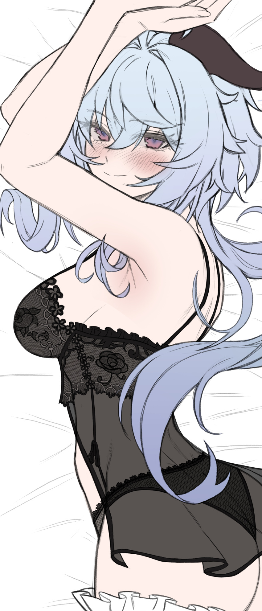 1girl, absurdres, ass, back, bed_sheet, black_panties, blue_hair, blush