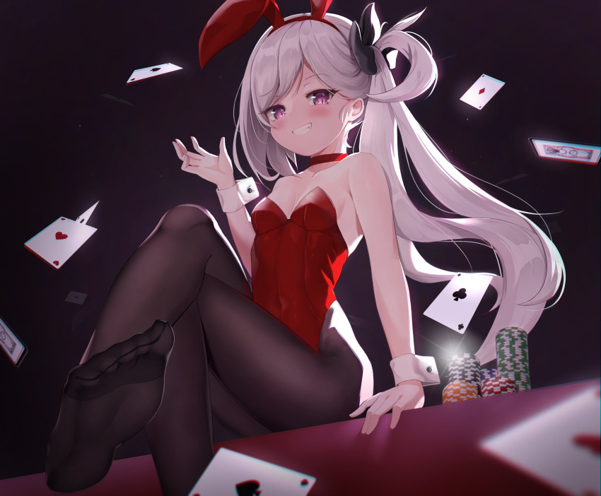 1girl, absurdres, animal_ears, black_flower, black_legwear, blue_archive, breasts, card