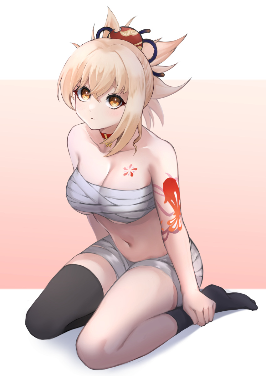 1girl, absurdres, arm_tattoo, asymmetrical_hair, bandages, black_legwear, blonde_hair, breast_tattoo, breasts, butterfly_choker, chest_sarashi, choker, closed_mouth, full_body, genshin_impact, hair_ornament, highres, kirima_(user_danf8787), large_breasts, midriff, navel, ponytail, red_choker, sarashi, seiza, single_sock, single_thighhigh, sitting, socks, solo, stomach, tattoo, thigh-highs, thighs, underwear, underwear_only, yellow_eyes, yoimiya_(genshin_impact)