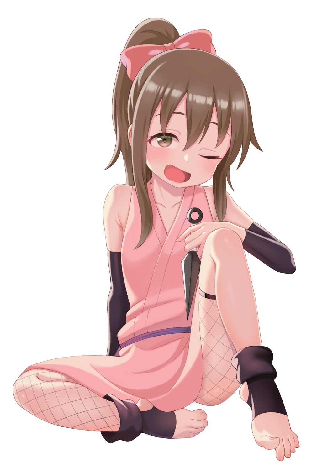1girl, atg_(wttoo0202), bare_shoulders, black_footwear, blush, bow, brown_eyes, brown_hair