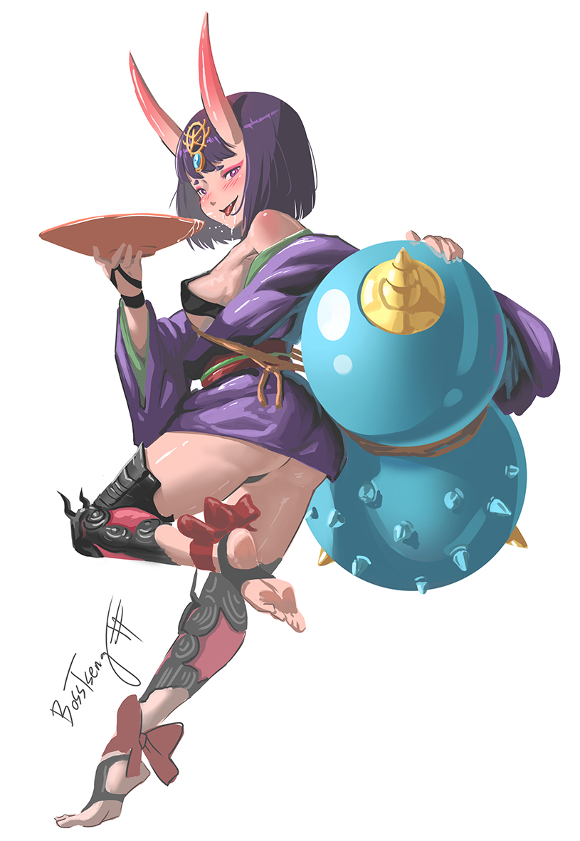 1girl, ass, barefoot_sandals, bob_cut, bosstseng, breasts, cup, eyeliner