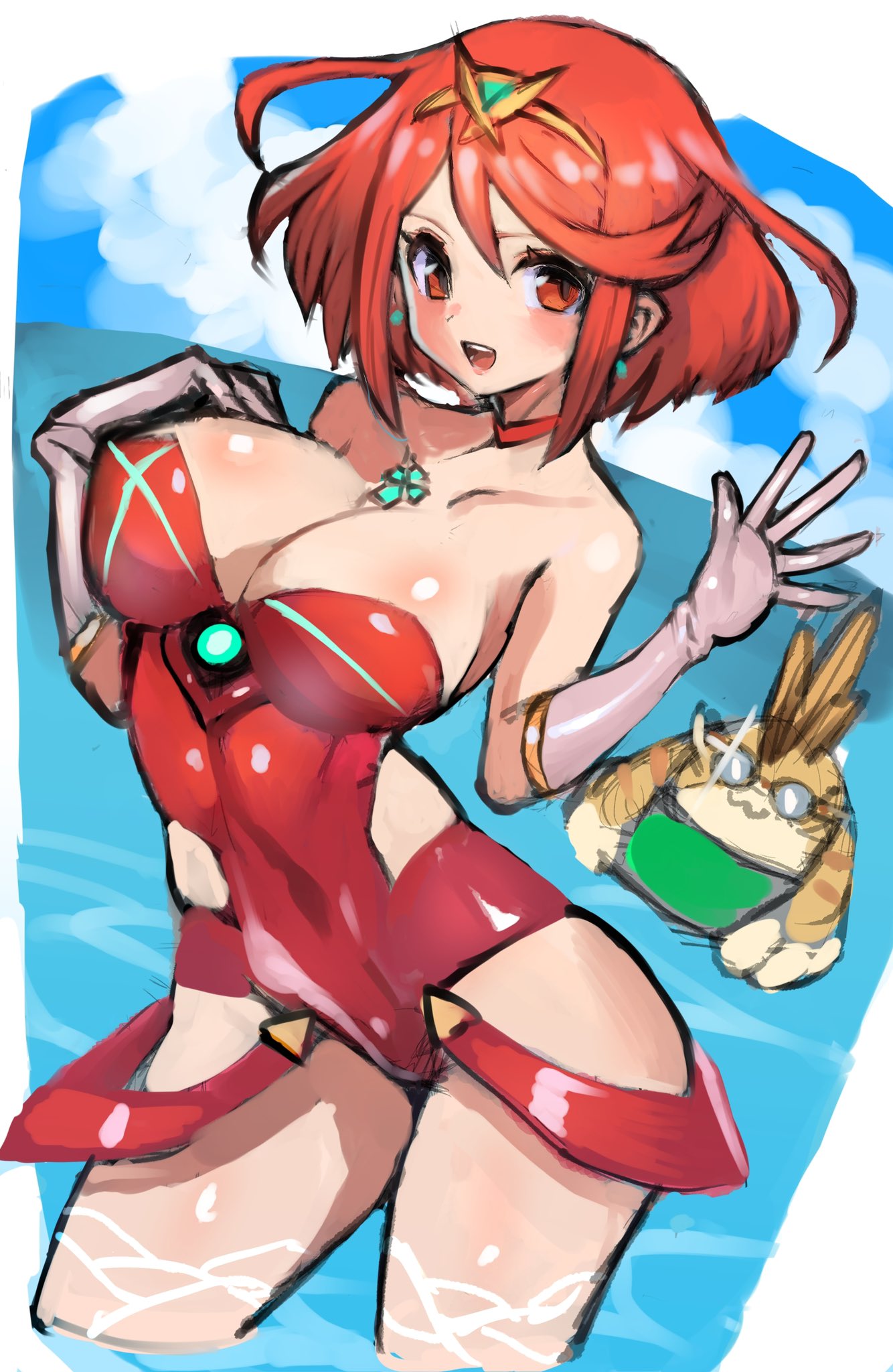 1boy, 1girl, adapted_costume, alternate_costume, bangs, breasts, chest_jewel, dakusuta, headpiece, highres, large_breasts, nopon, ocean, pyra_(xenoblade), red_eyes, redhead, short_hair, swept_bangs, swimsuit, tiara, tora_(xenoblade_2), water, xenoblade_chronicles_(series), xenoblade_chronicles_2