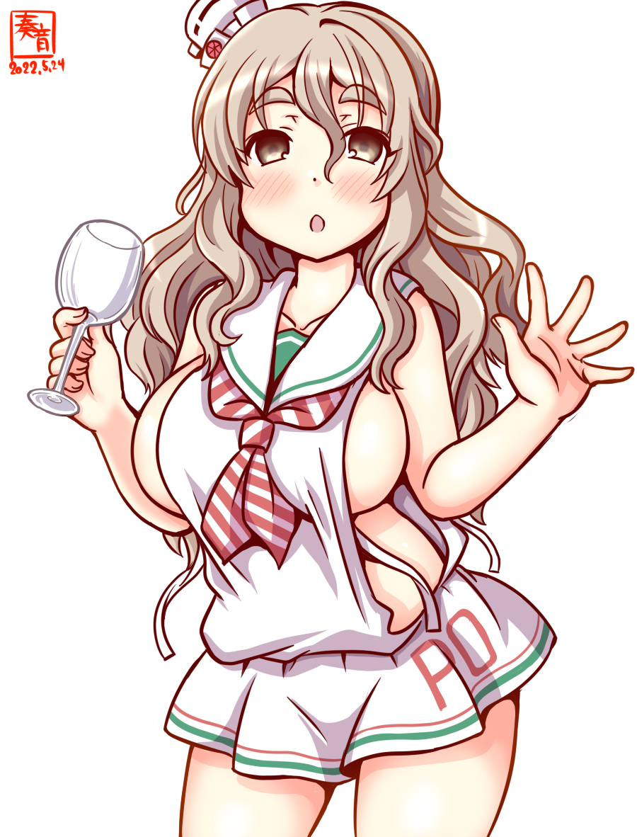1girl, alcohol, alternate_costume, artist_logo, breasts, brown_eyes, cosplay, cup
