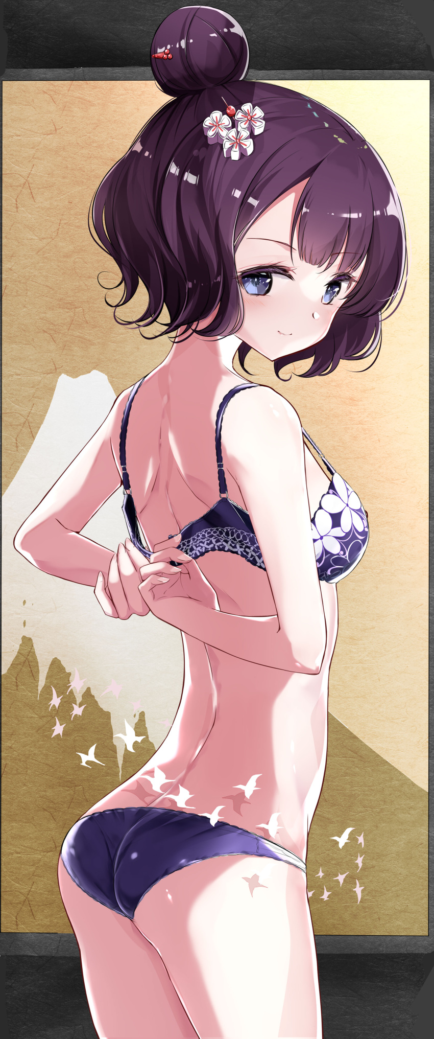 1girl, absurdres, arms_behind_back, ass, back, bangs, bare_arms, bare_shoulders, black_panties, blue_eyes, blush, bra, breasts, closed_mouth, cowboy_shot, eyebrows_visible_through_hair, fate/grand_order, fate_(series), hair_bun, hair_ornament, hamaken._(novelize), highres, indoors, katsushika_hokusai_(fate), looking_at_viewer, looking_back, medium_breasts, panties, purple_hair, short_hair, smile, solo, standing, thighs, underwear, underwear_only