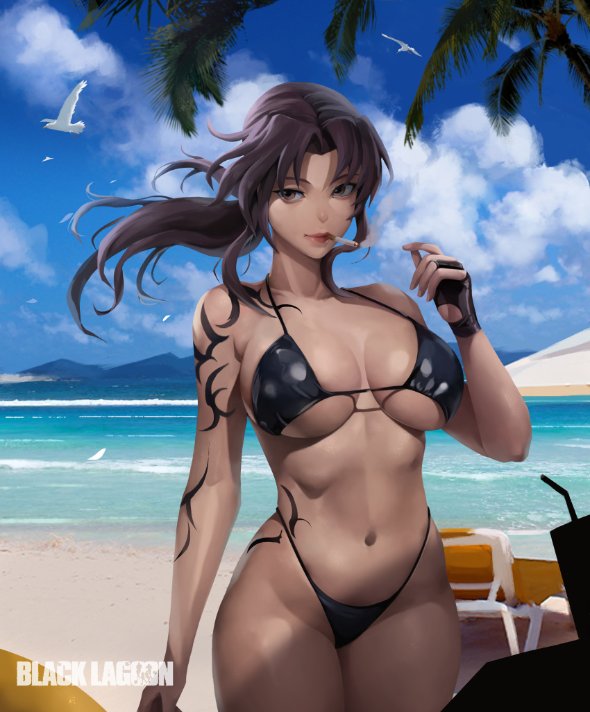1girl, absurdres, arm_tattoo, beach, beach_chair, bikini, bird, black_bikini