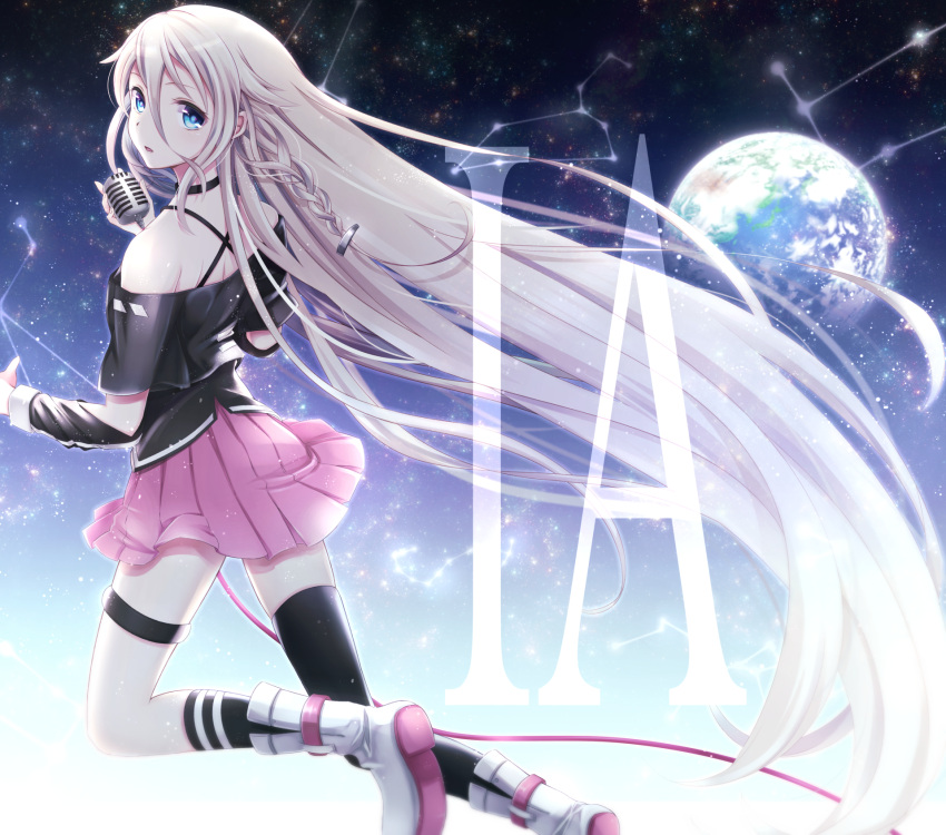 1girl, absurdly_long_hair, asymmetrical_legwear, bangs, blonde_hair, blue_eyes, boots, braid, character_name, choker, clothing_cutout, constellation, criss-cross_halter, earth_(planet), eyebrows_visible_through_hair, floating, from_behind, hair_flaps, hair_ornament, halterneck, highres, holding, holding_microphone, ia_(vocaloid), kneehighs, long_bangs, long_hair, long_sleeves, looking_at_viewer, looking_back, microphone, microphone_cord, microphone_stand, off-shoulder_shirt, off_shoulder, parted_lips, planet, pleated_skirt, shirt, shoulder_cutout, single_thighhigh, skirt, sky, socks, solo, space, star_(sky), starry_sky, thigh-highs, thigh_strap, very_long_hair, vocaloid, yamagara