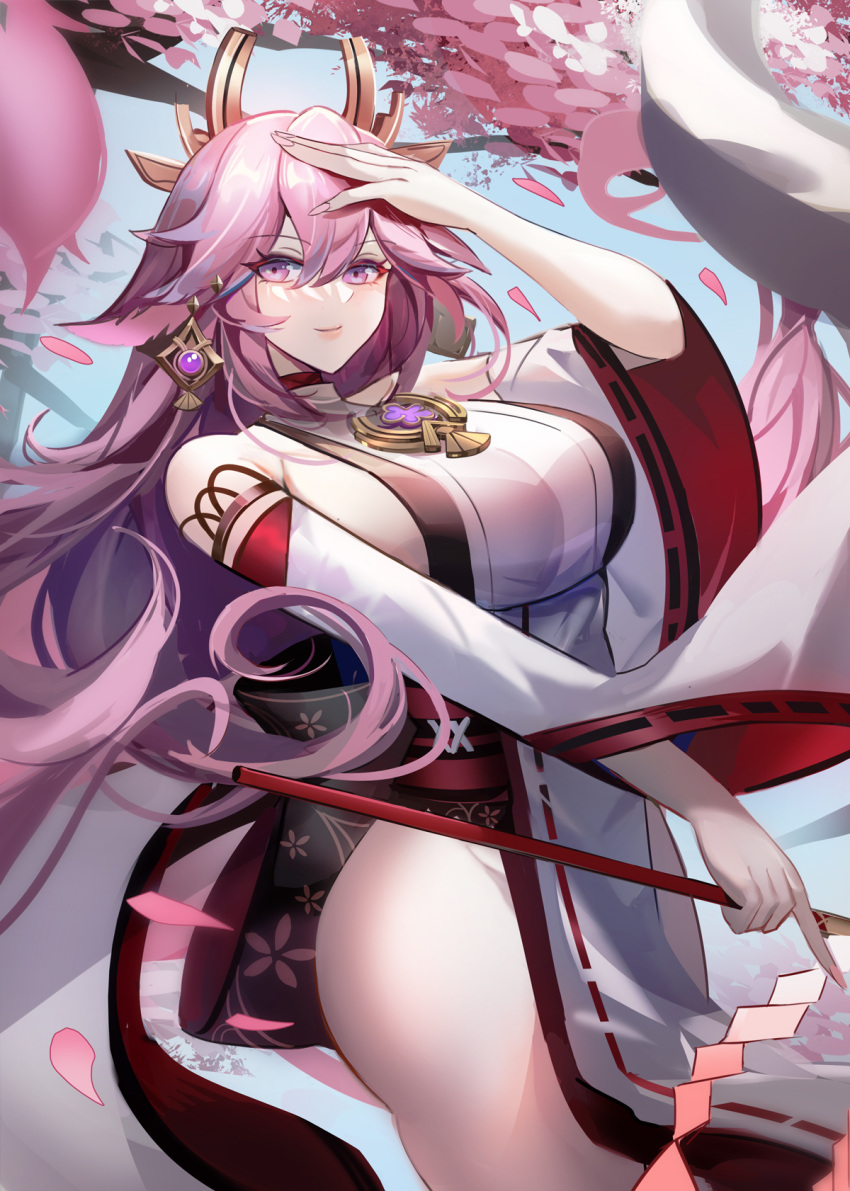 1girl, animal_ears, bangs, breasts, cherry_blossoms, detached_sleeves, fox_ears, genshin_impact