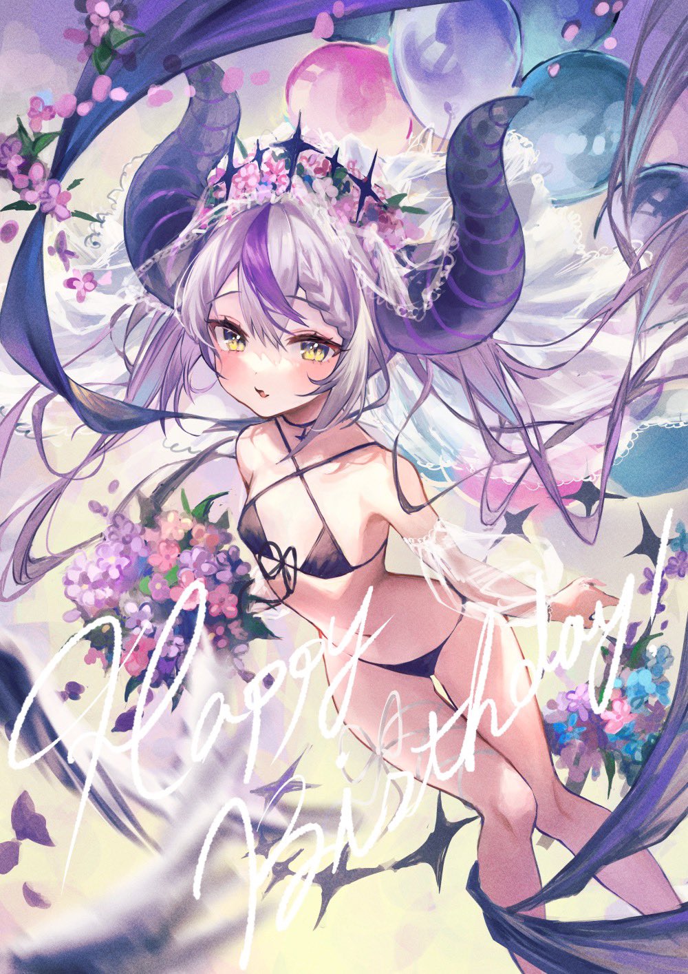 1girl, :3, balloon, bikini, black_bikini, black_horns, blush, collarbone