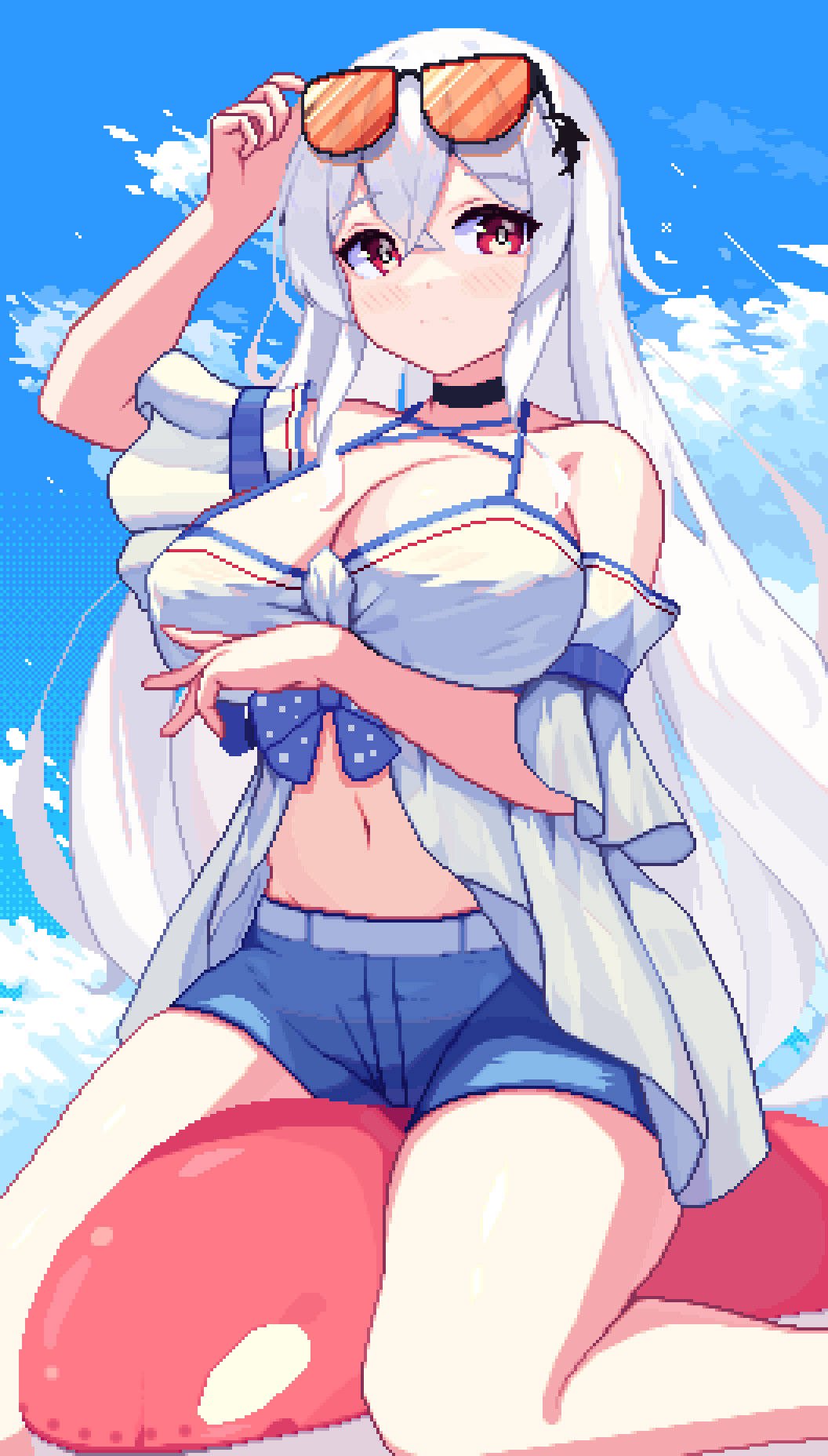 1girl, arknights, arm_up, bangs, bare_shoulders, black_choker, blue_shorts, blue_sky, blush, choker, clouds, commentary_request, day, eyewear_on_head, hair_between_eyes, highres, inflatable_orca, inflatable_toy, long_hair, looking_at_viewer, navel, no_hat, no_headwear, off-shoulder_shirt, off_shoulder, piao_mao, red_eyes, shirt, short_shorts, short_sleeves, shorts, sitting, skadi_(arknights), skadi_(waverider)_(arknights), sky, solo, stomach, sunglasses, thighs, very_long_hair, white_hair, white_shirt