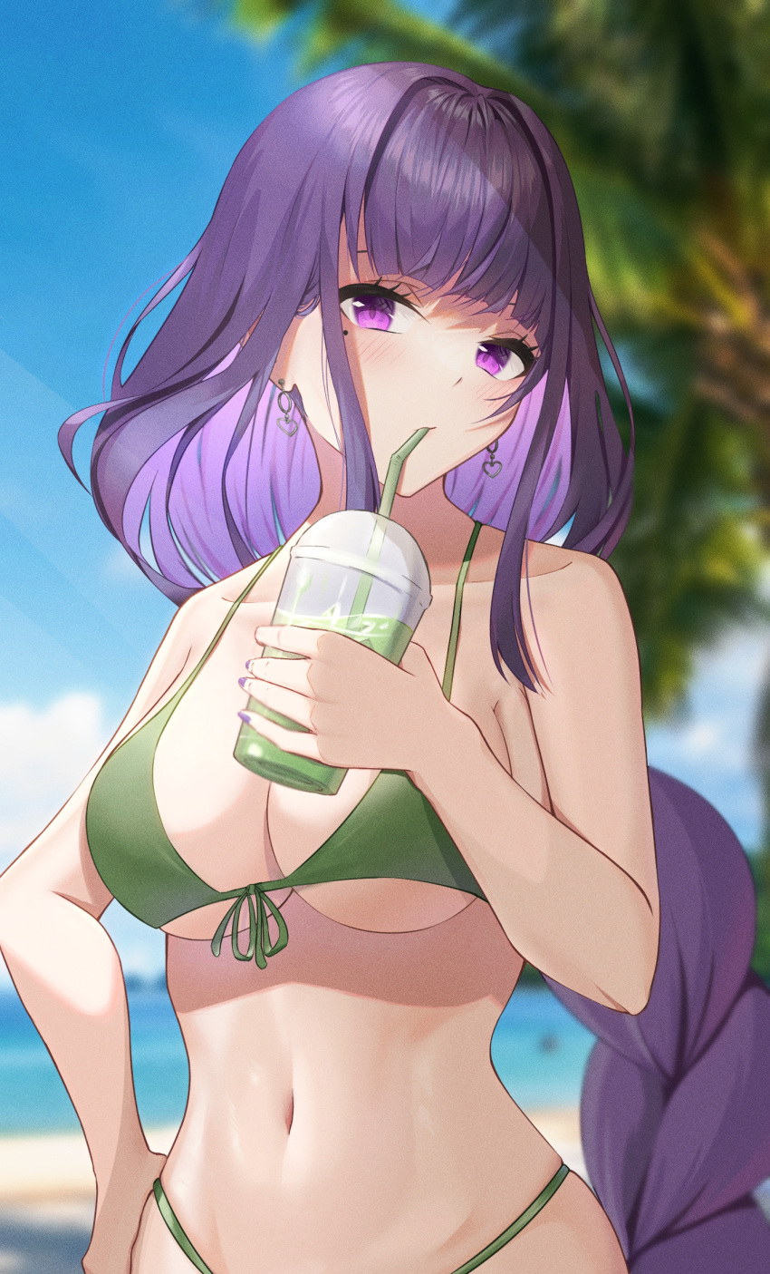 1girl, bakemonsou, bangs, bare_arms, bare_shoulders, bikini, blue_sky, blurry