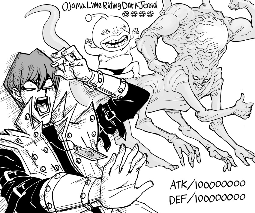 1boy, absurdres, bb_(baalbuddy), card, dark_jeroid, duel_monster, english_commentary, english_text, greyscale, highres, jewelry, kaiba_seto, meme, monochrome, ojama_lime, open_mouth, pendant, short_hair, thumbs_up, yu-gi-oh!