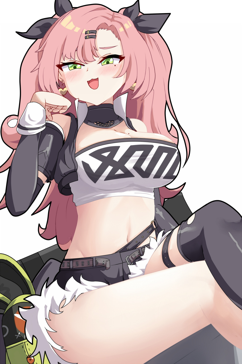 1girl, :3, :d, bangs, bare_shoulders, black_jacket, black_legwear, black_ribbon