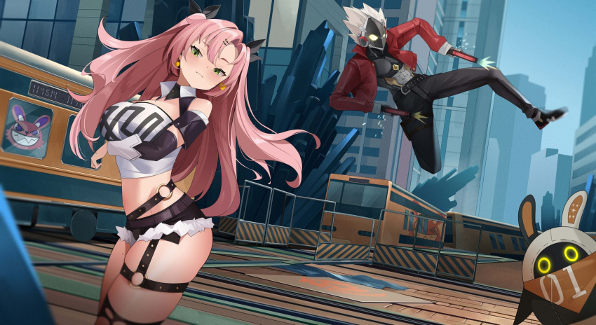 1boy, 1girl, bare_shoulders, belt, billy_(zenless_zone_zero), black_legwear, black_shorts, breasts
